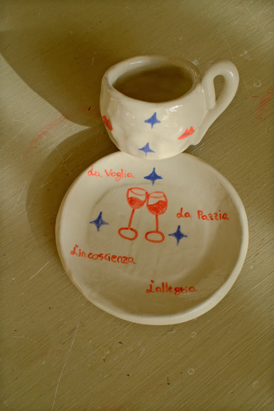 Tazzina da caffè + piattino [LA VOGLIA, LA PAZZIA, L’INCOSCIENZA, L’ALLEGRIA]