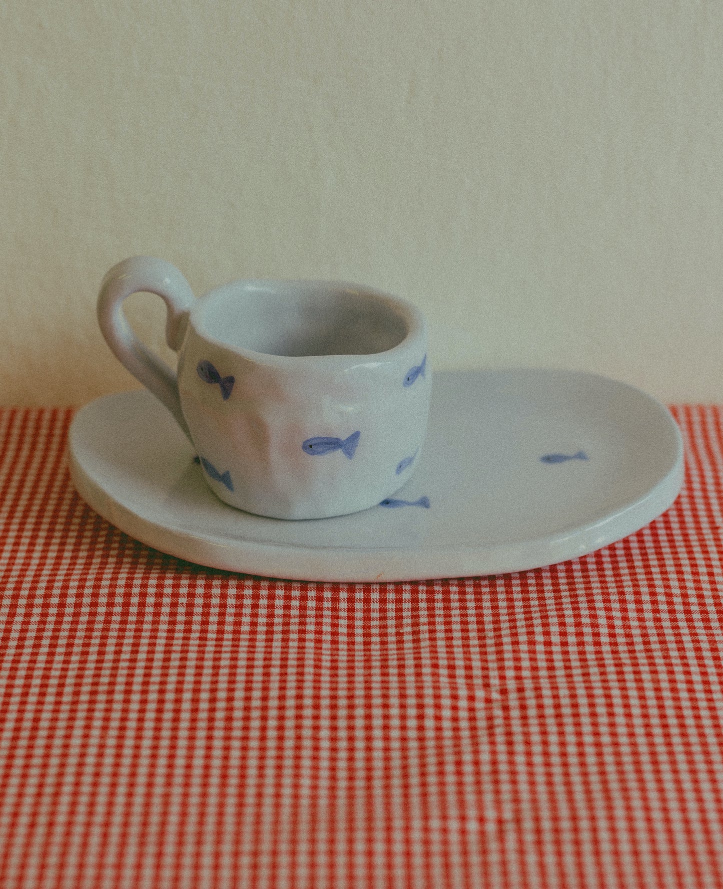 Ceramic coffee cup with matching saucer [PESCI - CELESTE]